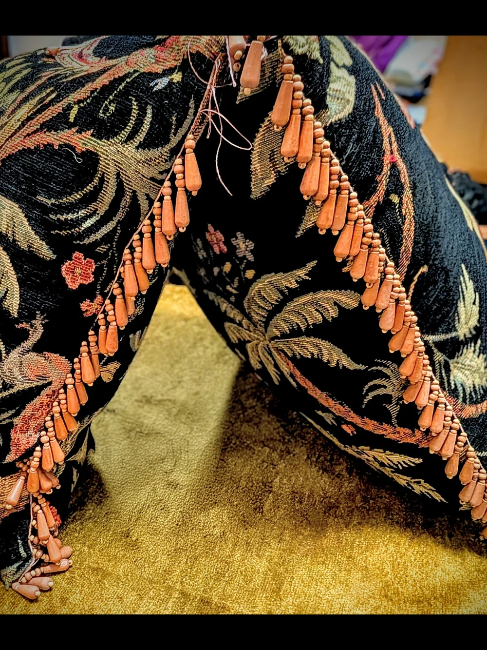 Vintage 90's Tapestry Pillows Woven Jacquard Wooden Beaded Trim Set Of 2